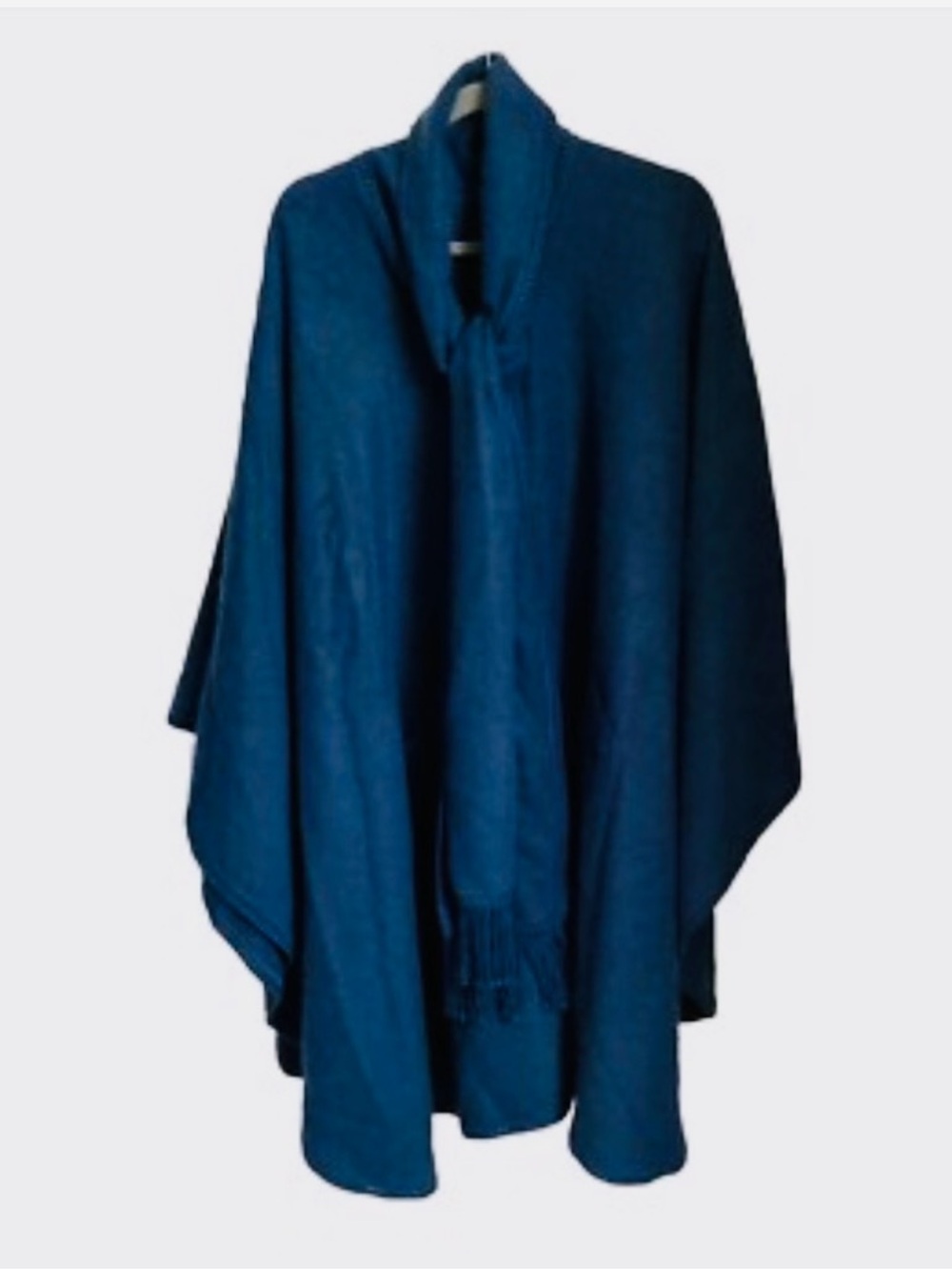 Peruvian Alpaca Wool - Deep Teal Blue Poncho with Fringe Scarf